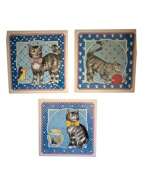 Vintage Cat Ceramic Tiles Trivets Wall Decor Kitschy Kitties Set Of 3